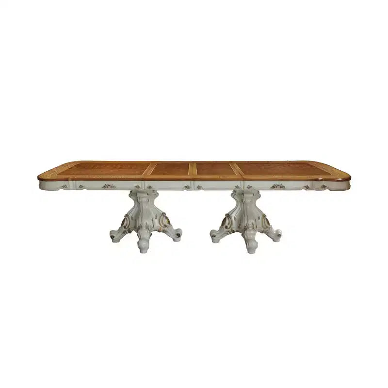 Table à manger Picardy 120 po Perle antique/Chêne cerisier - Acme Furniture : Double pied sculpté, 8 places