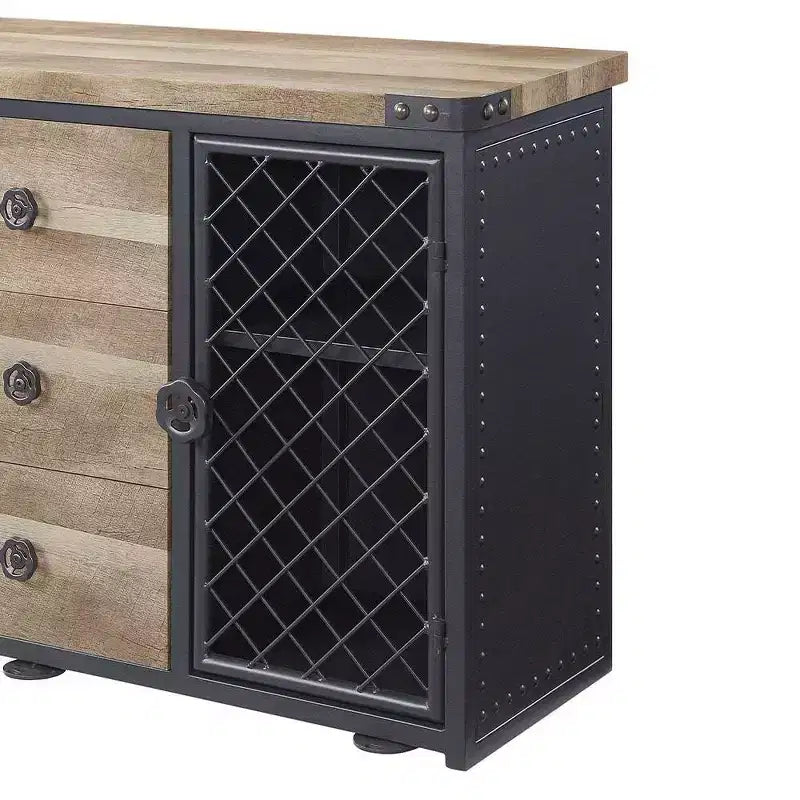 Meubles Acme : Meuble de cuisine et de salle à manger Edina 50" chêne et noir sable – Buffet avec cadre en métal, surface en MDF
