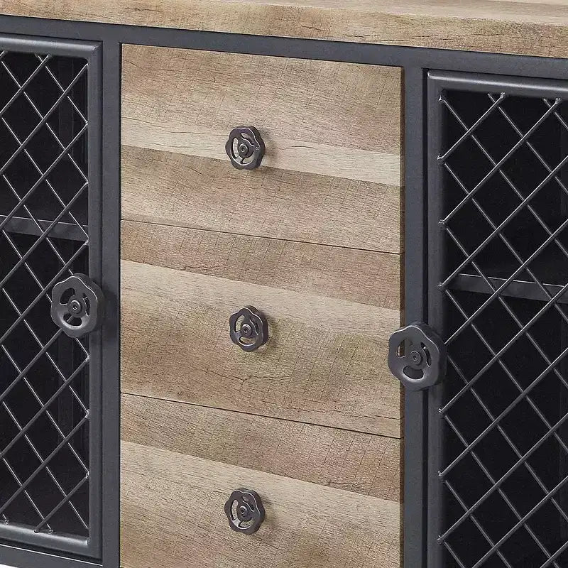 Meubles Acme : Meuble de cuisine et de salle à manger Edina 50" chêne et noir sable – Buffet avec cadre en métal, surface en MDF