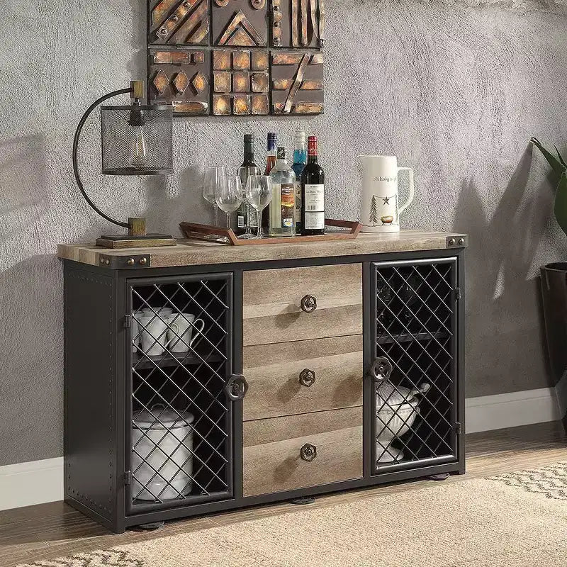 Meubles Acme : Meuble de cuisine et de salle à manger Edina 50" chêne et noir sable – Buffet avec cadre en métal, surface en MDF