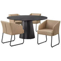Buylateral Lucine 5pc 59" Modern Round Dining Set Black Table with Khaki Leather Dining Chairs