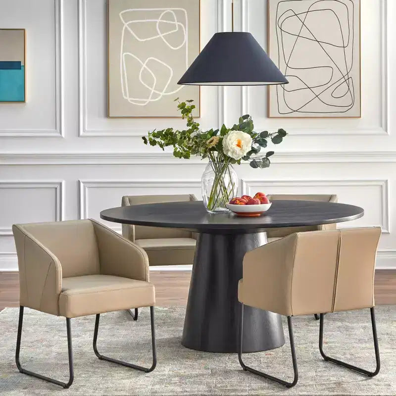 Ensemble de salle à manger rond moderne Buylateral Lucine 5 pièces 150 cm Table noire avec chaises de salle à manger en cuir kaki