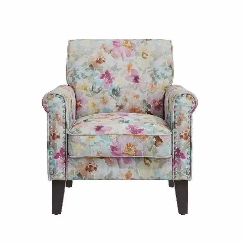 Fauteuil d'appoint traditionnel à accoudoirs roulés Janet de Handy Living avec clous décoratifs couleur étain, motif floral rose