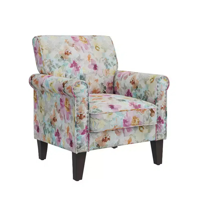 Fauteuil d'appoint traditionnel à accoudoirs roulés Janet de Handy Living avec clous décoratifs couleur étain, motif floral rose