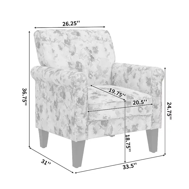 Fauteuil d'appoint traditionnel à accoudoirs roulés Janet de Handy Living avec clous décoratifs couleur étain, motif floral rose