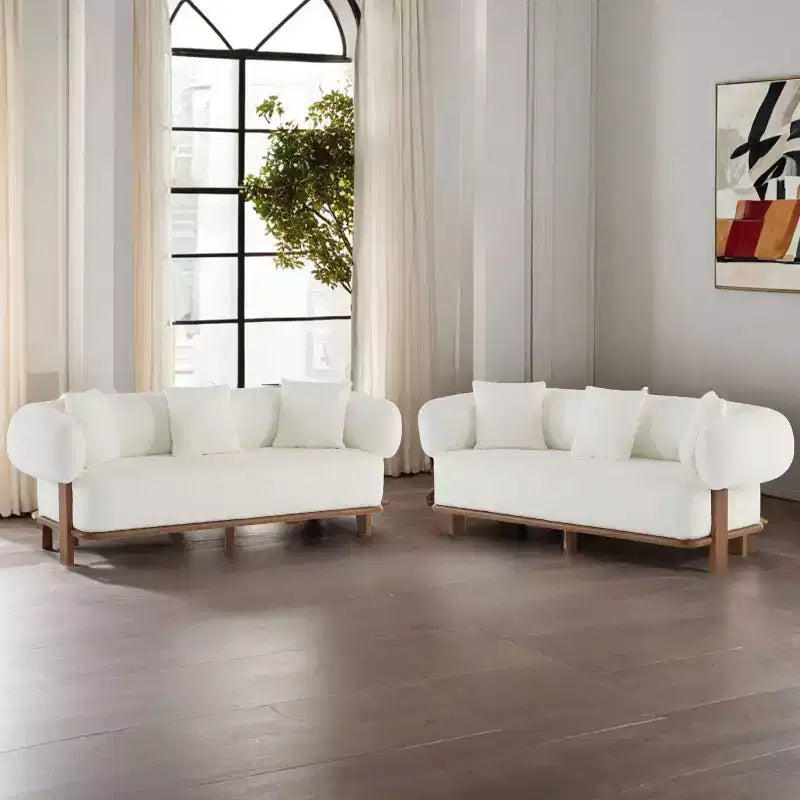 Christopher Knight Home Jose Canapé incurvé 3 places de 208,3 cm en bouclé et bois d'hévéa avec oreillers (lot de 2), beige