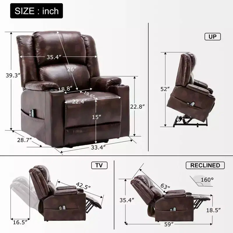Fauteuil inclinable de massage COMHOMA en cuir PU, fauteuil releveur électrique marron
