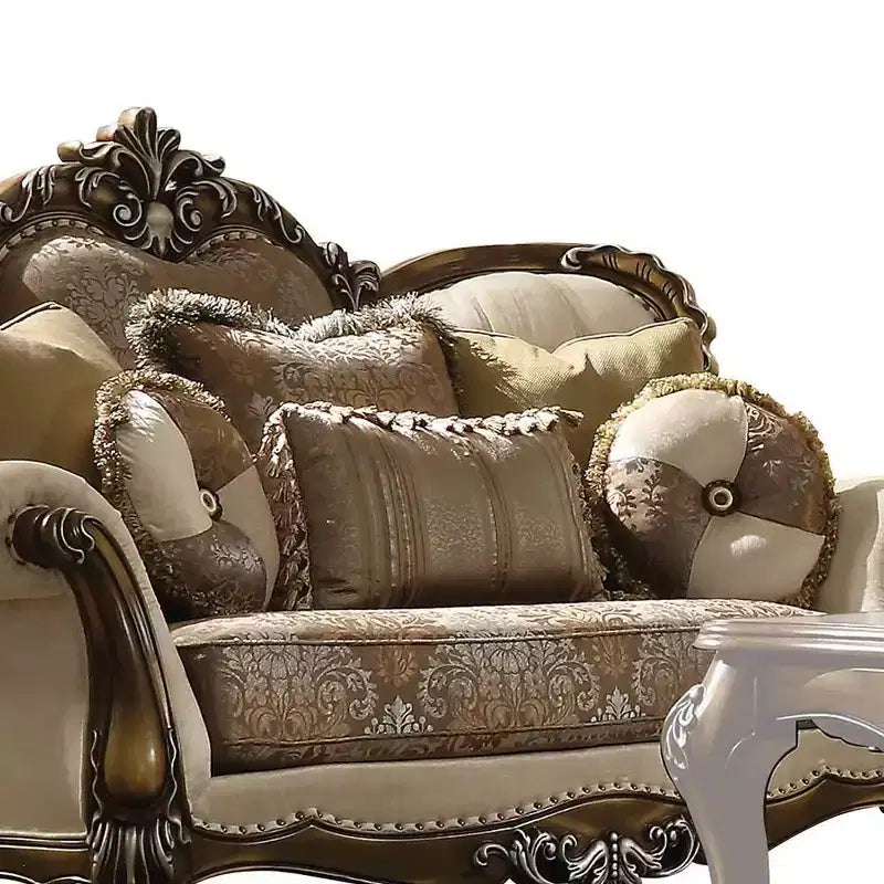 Canapé Latisha 74 po, tissu à motifs et finition chêne antique - Acme Furniture: Causeuse rembourrée traditionnelle, design capitonné