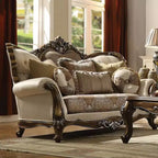 Canapé Latisha 74 po, tissu à motifs et finition chêne antique - Acme Furniture: Causeuse rembourrée traditionnelle, design capitonné