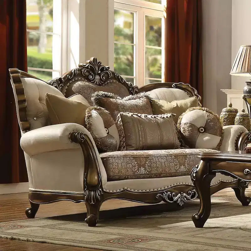 Canapé Latisha 74 po, tissu à motifs et finition chêne antique - Acme Furniture: Causeuse rembourrée traditionnelle, design capitonné