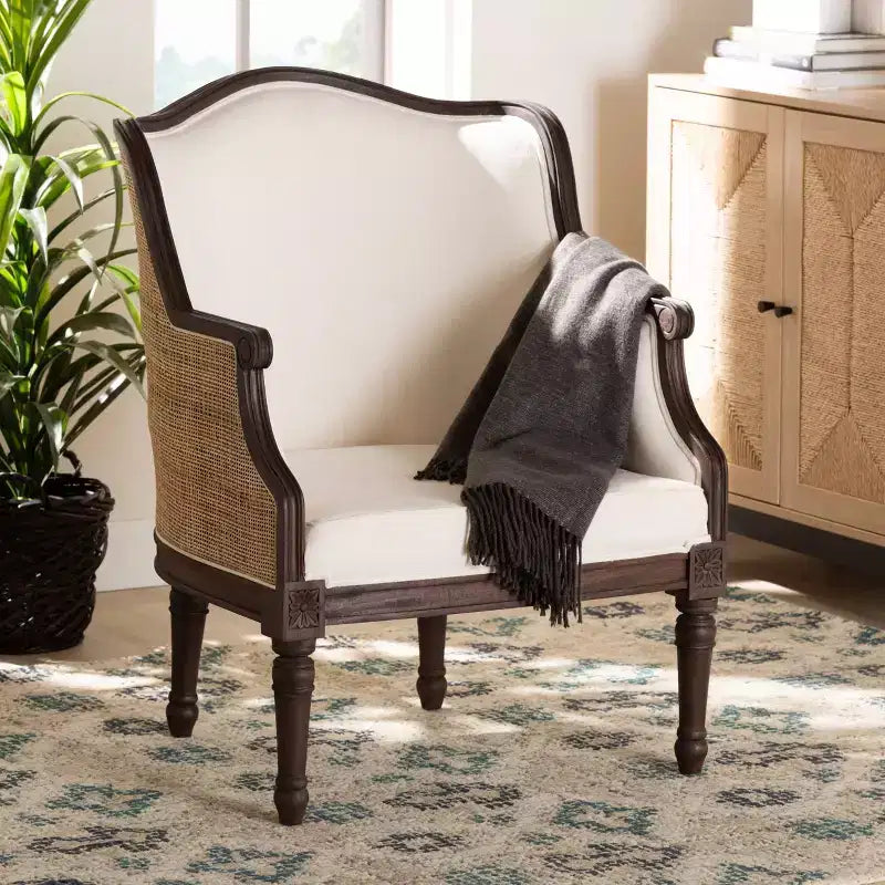 Fauteuil d'appoint en tissu et bois bali & pari Ornella Beige/Marron foncé : Revêtement en polyester, Structure en rotin