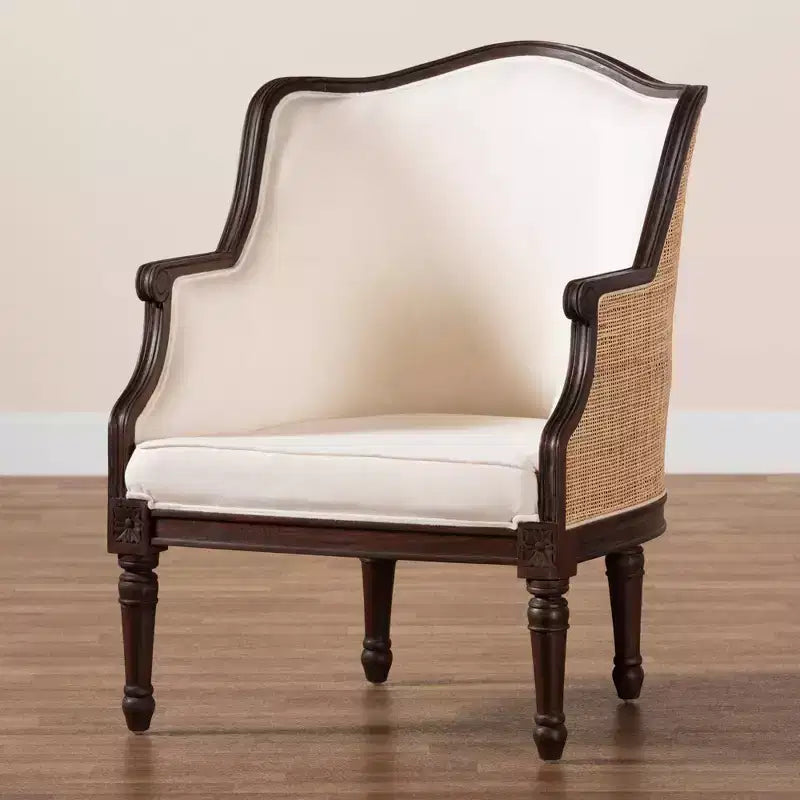 Fauteuil d'appoint en tissu et bois bali & pari Ornella Beige/Marron foncé : Revêtement en polyester, Structure en rotin