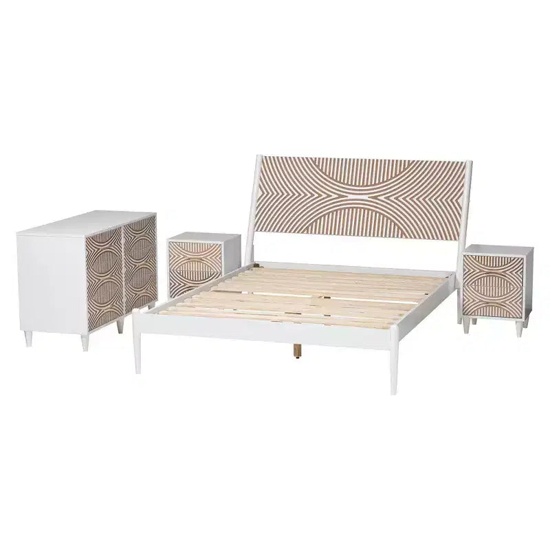 Ensemble de chambre Louetta Baxton Studio, grand lit, 4 pièces, sculpté, contrastant, blanc/brun naturel