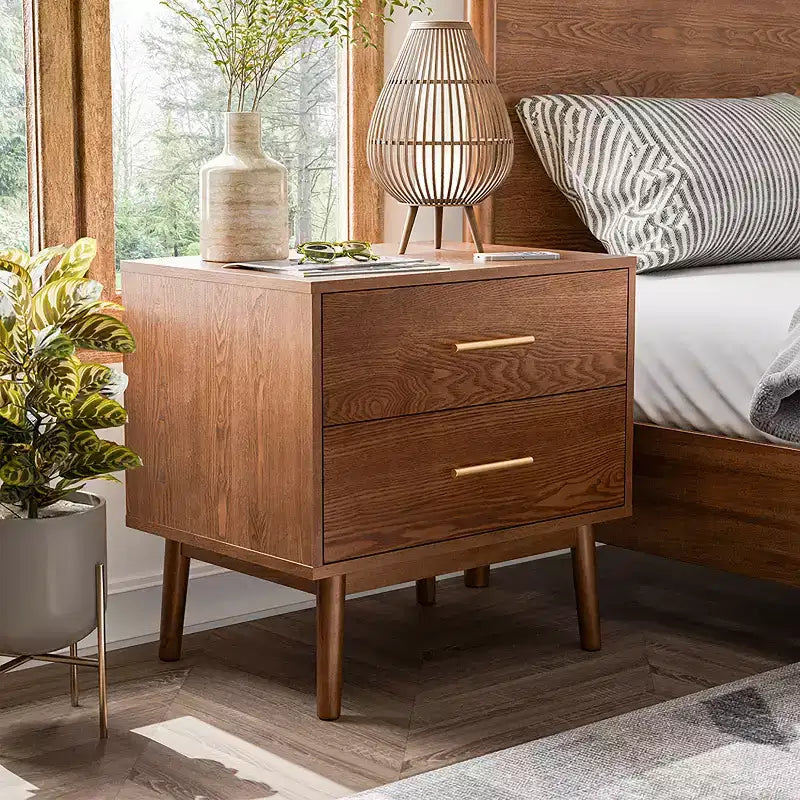 HOMES: Inside + Out Table de Chevet 2 Tiroirs Riverstone Mid-Century Modern Noyer