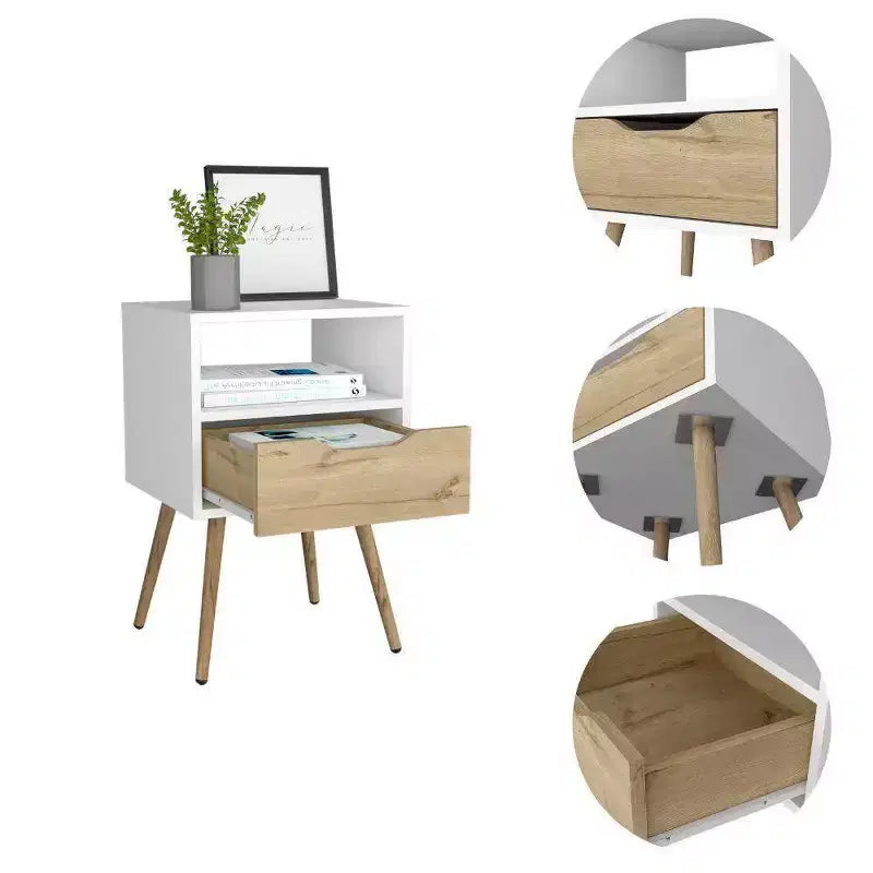 Table de chevet Pampelune Blanc/Chêne clair - Boahaus : Design moderne, étagère ouverte, stratifié imitation bois