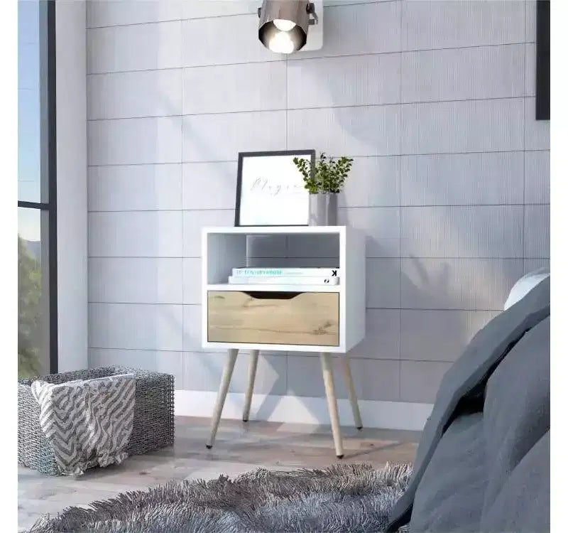Table de chevet Pampelune Blanc/Chêne clair - Boahaus : Design moderne, étagère ouverte, stratifié imitation bois
