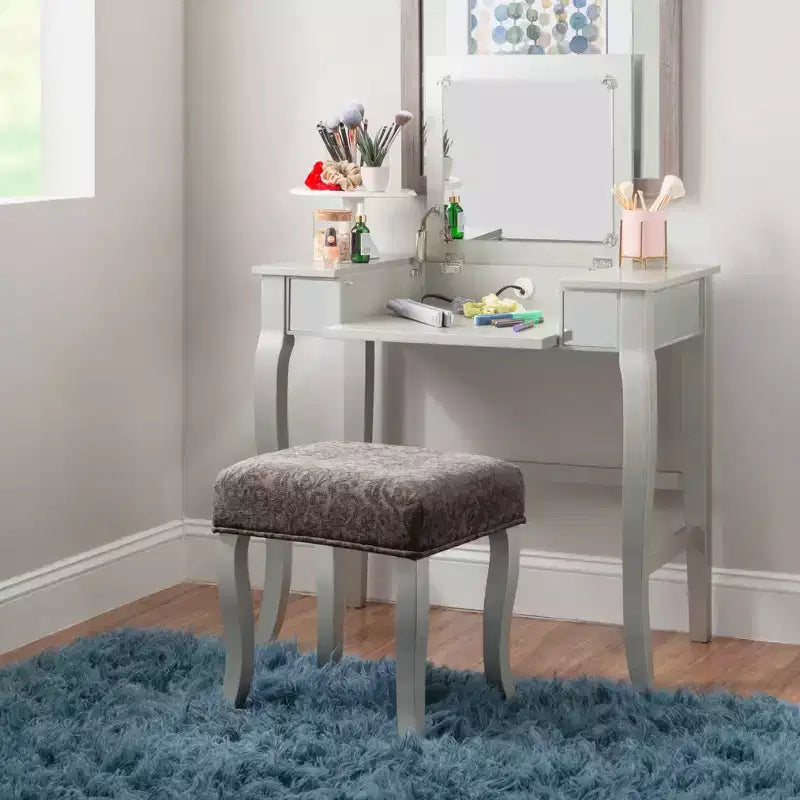 Coiffeuse en bois Harper Glam avec miroir escamotable et tabouret tapissé gris Miroir et argent - Linon