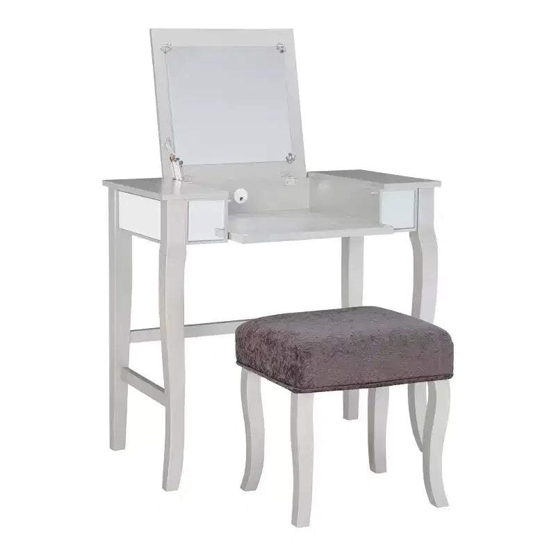 Coiffeuse en bois Harper Glam avec miroir escamotable et tabouret tapissé gris Miroir et argent - Linon
