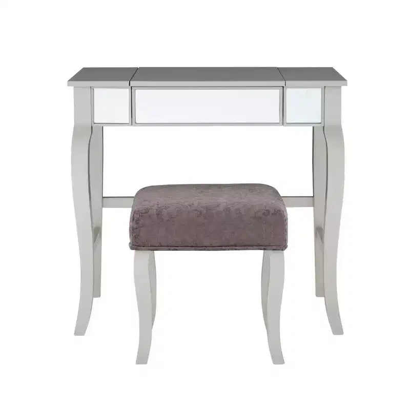 Coiffeuse en bois Harper Glam avec miroir escamotable et tabouret tapissé gris Miroir et argent - Linon