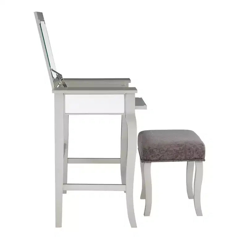 Coiffeuse en bois Harper Glam avec miroir escamotable et tabouret tapissé gris Miroir et argent - Linon