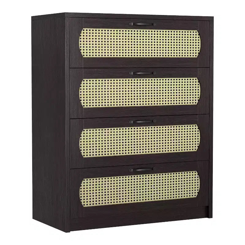 Commode 4 tiroirs en faux rotin tissé Summertree Espresso – miBasics : style bohème, ambiance resort, design compact
