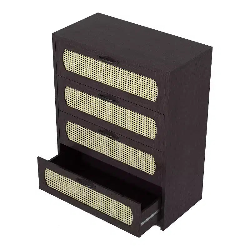 Commode 4 tiroirs en faux rotin tissé Summertree Espresso – miBasics : style bohème, ambiance resort, design compact