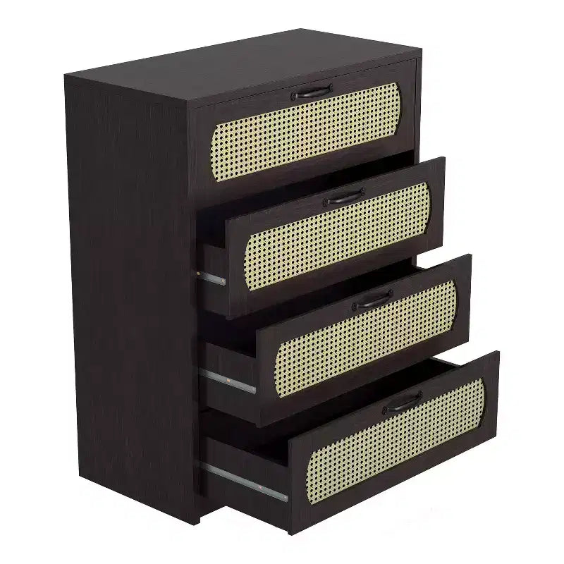 Commode 4 tiroirs en faux rotin tissé Summertree Espresso – miBasics : style bohème, ambiance resort, design compact