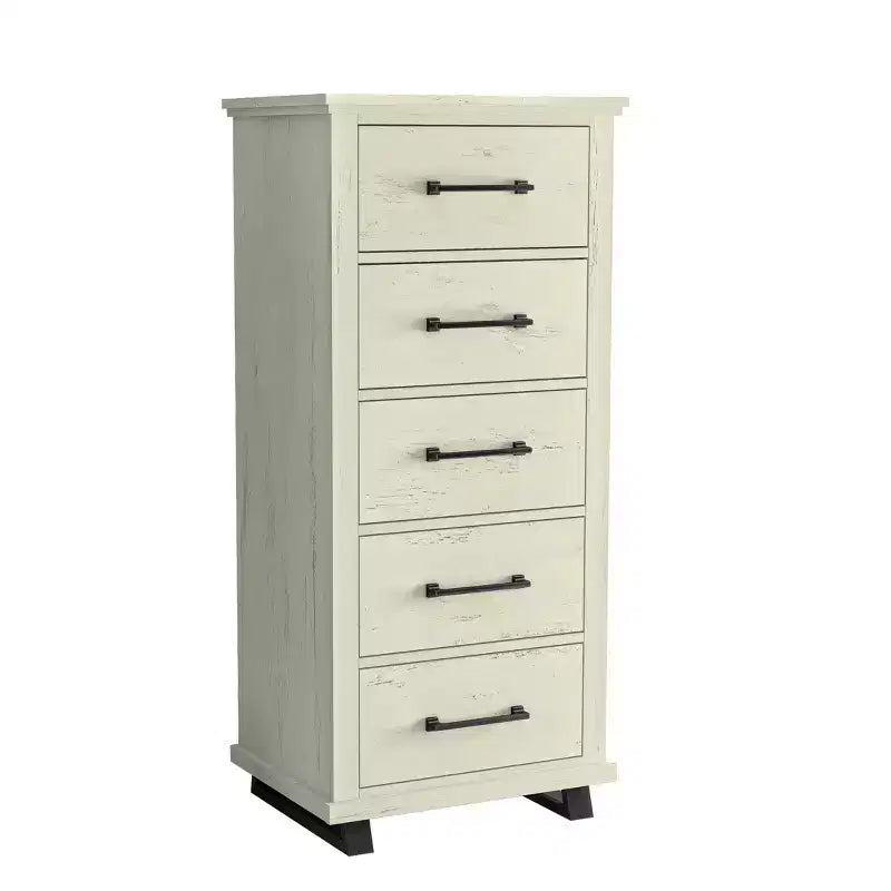 Commode, chiffonnier et tables de chevet contemporains Festivo 4 pièces coloris blanc cassé scié : design moderne, MDF, base en métal