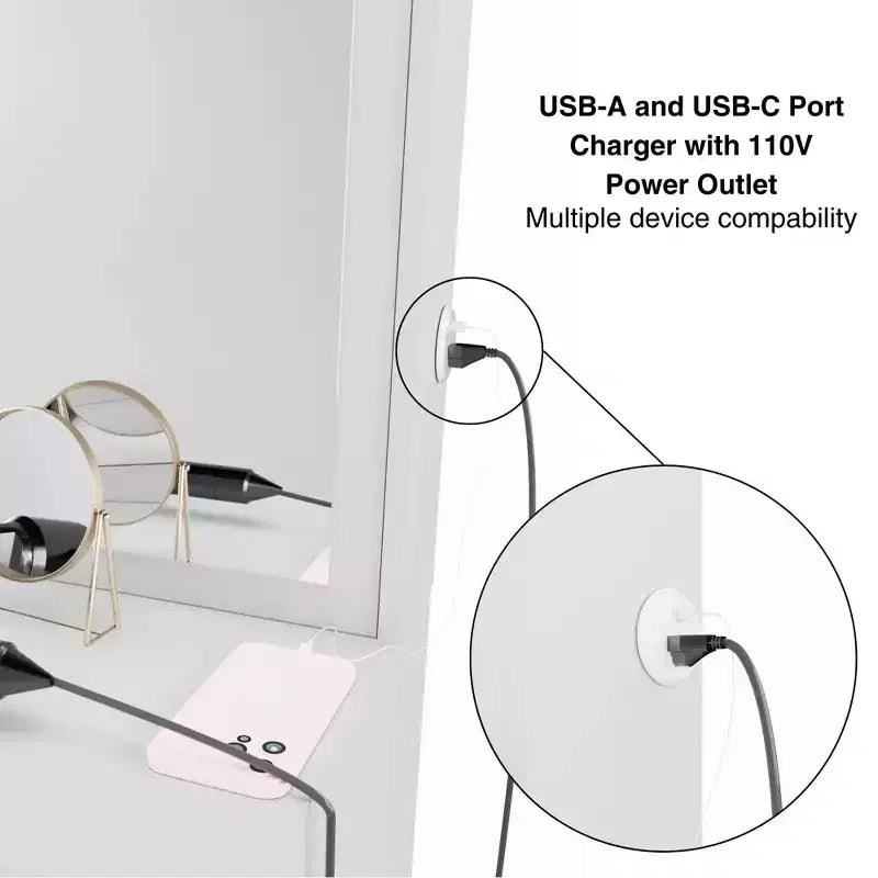Coiffeuse Blanche Johanna avec Boules de Cristal Lumineuses - Boahaus : Miroir Hollywood, 8 Tiroirs, Port USB