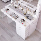 Coiffeuse Blanche Johanna avec Boules de Cristal Lumineuses - Boahaus : Miroir Hollywood, 8 Tiroirs, Port USB