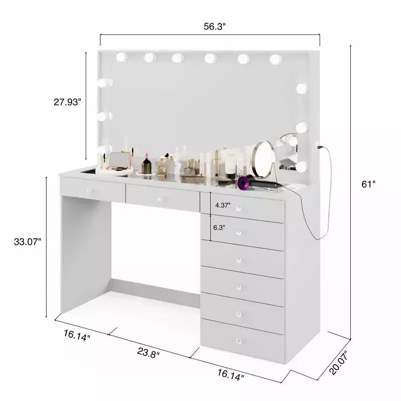 Coiffeuse Blanche Johanna avec Boules de Cristal Lumineuses - Boahaus : Miroir Hollywood, 8 Tiroirs, Port USB