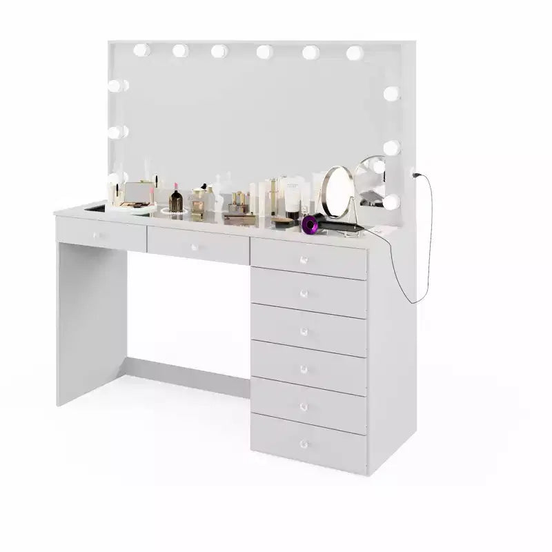 Coiffeuse Blanche Johanna avec Boules de Cristal Lumineuses - Boahaus : Miroir Hollywood, 8 Tiroirs, Port USB