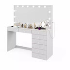 Coiffeuse Blanche Johanna avec Boules de Cristal Lumineuses - Boahaus : Miroir Hollywood, 8 Tiroirs, Port USB