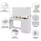 Coiffeuse Blanche Johanna avec Boules de Cristal Lumineuses - Boahaus : Miroir Hollywood, 8 Tiroirs, Port USB