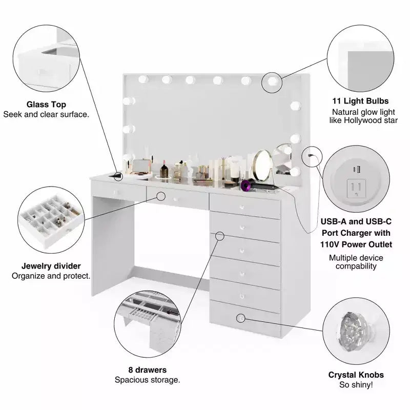 Coiffeuse Blanche Johanna avec Boules de Cristal Lumineuses - Boahaus : Miroir Hollywood, 8 Tiroirs, Port USB