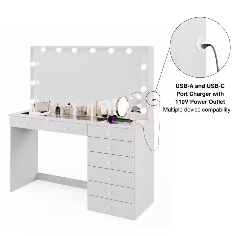 Coiffeuse Blanche Johanna avec Boules de Cristal Lumineuses - Boahaus : Miroir Hollywood, 8 Tiroirs, Port USB