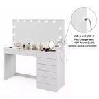 Coiffeuse Blanche Johanna avec Boules de Cristal Lumineuses - Boahaus : Miroir Hollywood, 8 Tiroirs, Port USB