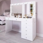 Coiffeuse Blanche Johanna avec Boules de Cristal Lumineuses - Boahaus : Miroir Hollywood, 8 Tiroirs, Port USB