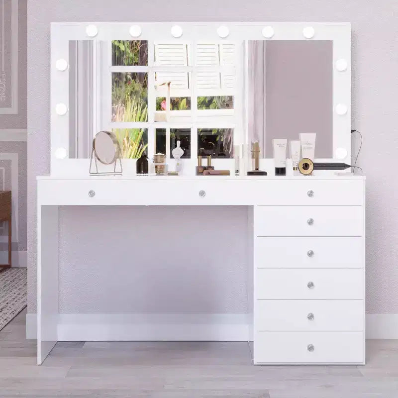 Coiffeuse Blanche Johanna avec Boules de Cristal Lumineuses - Boahaus : Miroir Hollywood, 8 Tiroirs, Port USB