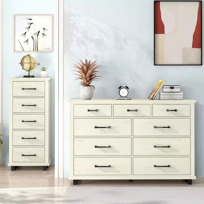 Commode contemporaine Festivo à 9 tiroirs et chiffonnier à 5 tiroirs de 24 pouces, couleur blanc cassé scié : Conforme aux normes de sécurité ASTM, Rangement de chambre