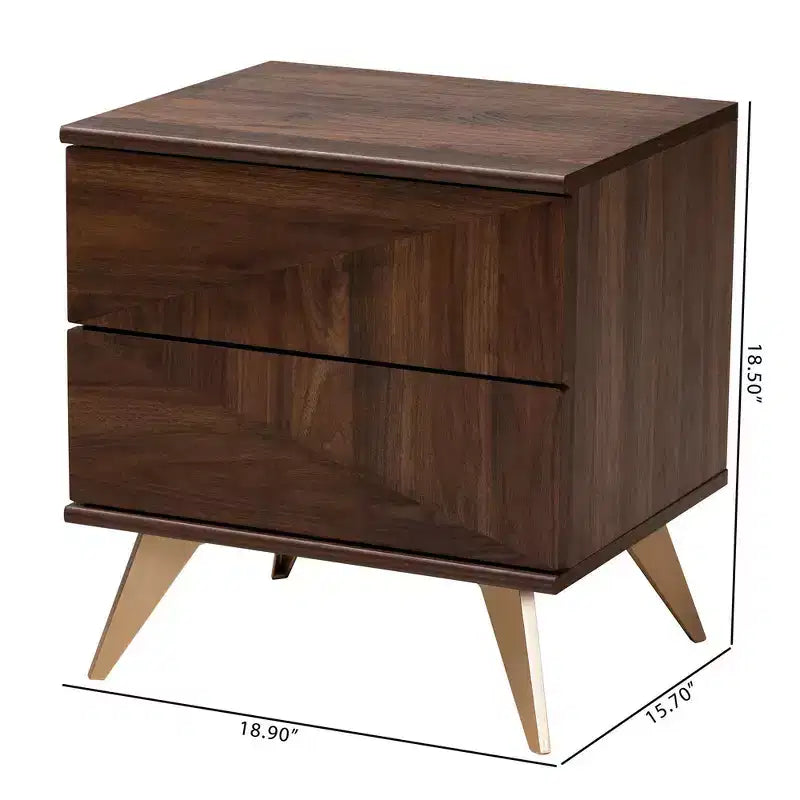 Table de chevet en bois Graceland 2 tiroirs Noyer marron/Doré - Baxton Studio