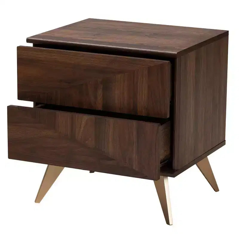 Table de chevet en bois Graceland 2 tiroirs Noyer marron/Doré - Baxton Studio