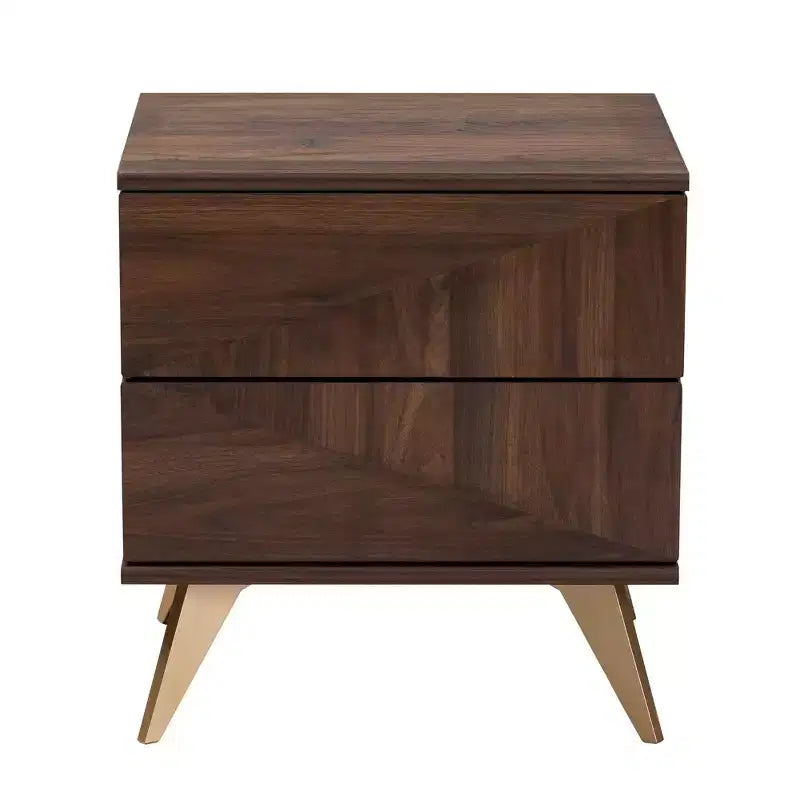 Table de chevet en bois Graceland 2 tiroirs Noyer marron/Doré - Baxton Studio