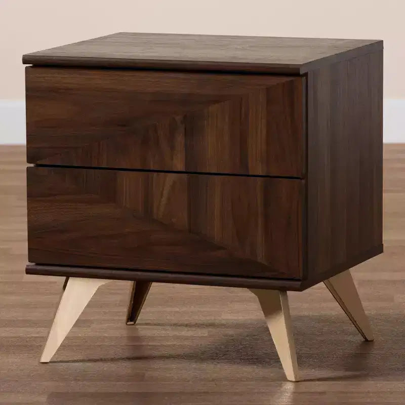 Table de chevet en bois Graceland 2 tiroirs Noyer marron/Doré - Baxton Studio