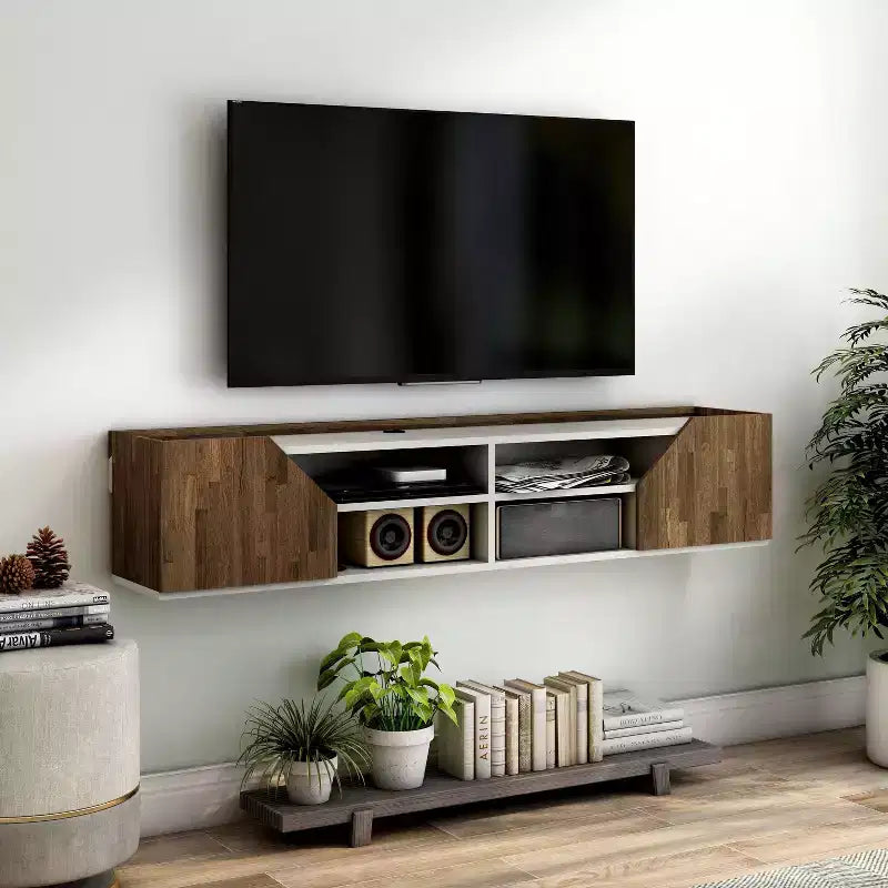 Meuble TV flottant transitionnel Kelvert 24/7 Shop At Home pour téléviseurs jusqu'à : Fixation murale, gestion des câbles, rangement
