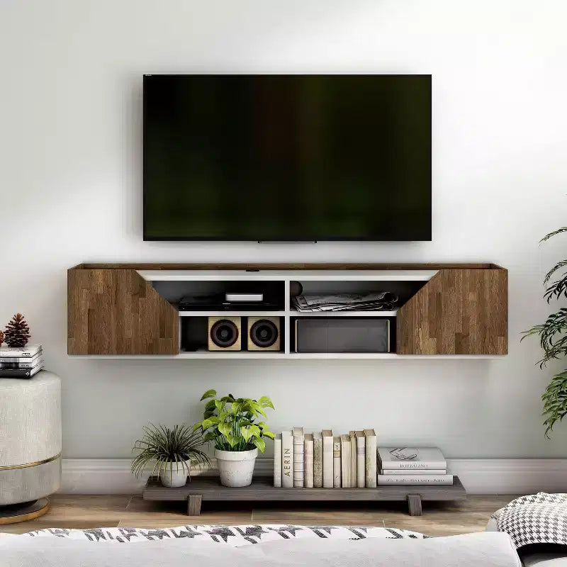 Meuble TV flottant transitionnel Kelvert 24/7 Shop At Home pour téléviseurs jusqu'à : Fixation murale, gestion des câbles, rangement