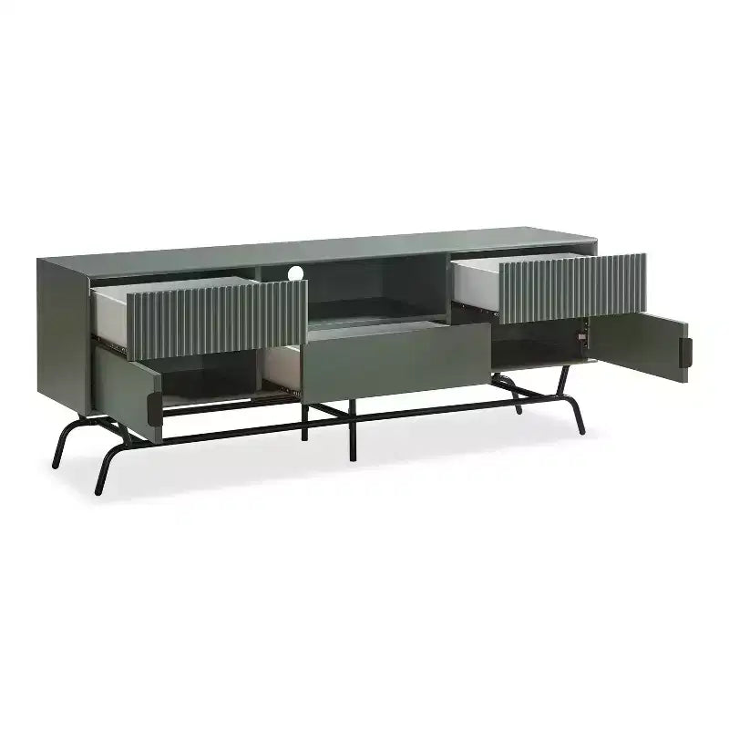 Meuble TV moderne 3 tiroirs Meadowgrove pour téléviseurs jusqu'à 65 po avec armoire vert sauge - miBasics : Cadre en métal, gestion des câbles