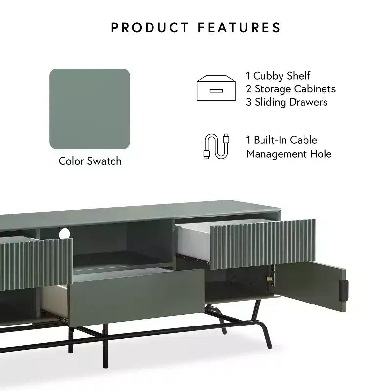Meuble TV moderne 3 tiroirs Meadowgrove pour téléviseurs jusqu'à 65 po avec armoire vert sauge - miBasics : Cadre en métal, gestion des câbles
