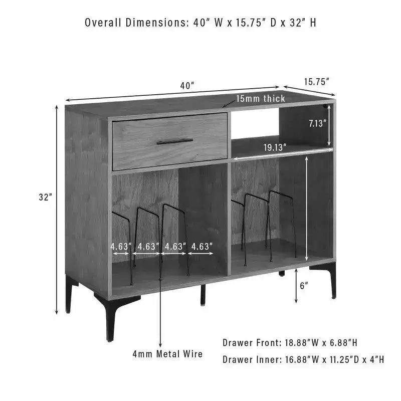 Crosley 40 po Meuble média de rangement pour vinyles Sydney Noyer : Rangement vinyles, Meuble média avec étagères ouvertes