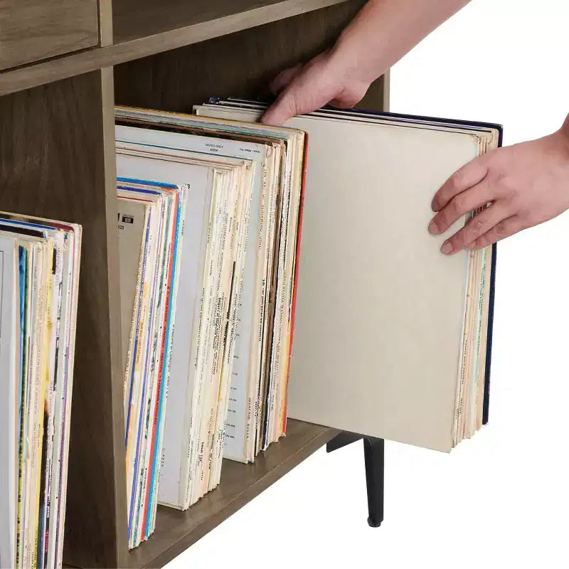 Crosley 40 po Meuble média de rangement pour vinyles Sydney Noyer : Rangement vinyles, Meuble média avec étagères ouvertes